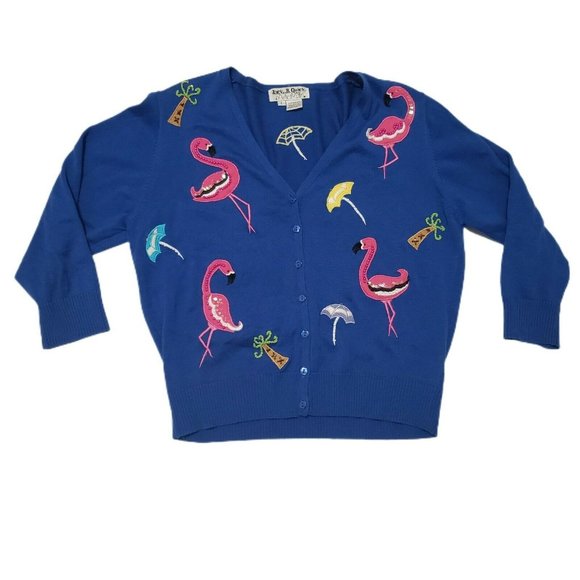 Jack B Quick Women's Cardigan Sweater Large Blue Flamingos Umbrellas Beaded - Picture 1 of 12